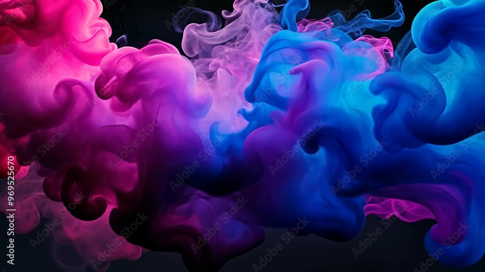 Poster colorful smoke swirls and blends together in an artistic display against a dark background during an