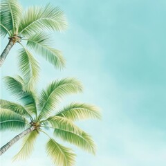 Fototapeta premium A serene tropical scene featuring lush green palm leaves against a soft blue background, perfect for relaxation and summer vibes.