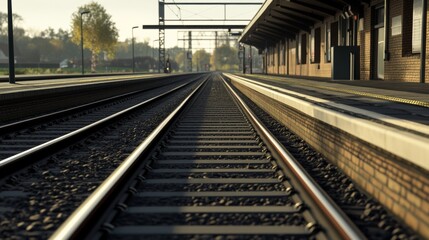 Fototapeta premium Detailed shot of a railway platform with tracks in view, showing the interaction between the platform and the rails, and the surrounding environment.