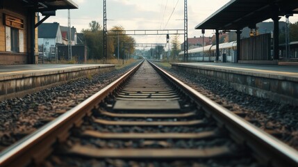 Obraz premium Detailed shot of a railway platform with tracks in view, showing the interaction between the platform and the rails, and the surrounding environment.