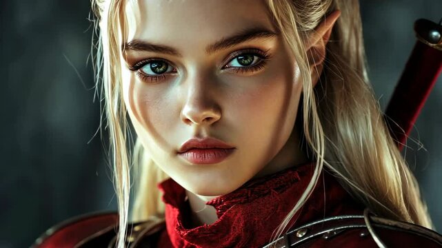 Captivating elf warrior in striking red armor ready for battle in a mystical forest environment