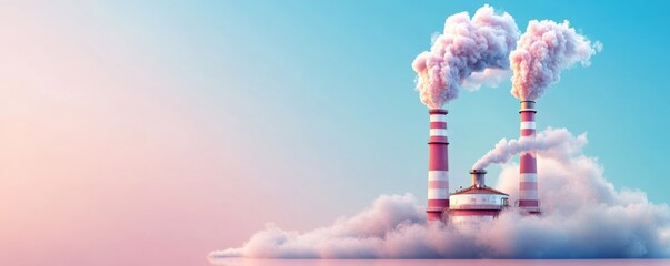 A vibrant industrial landscape featuring smokestacks billowing clouds against a colorful sky, symbolizing energy and pollution.