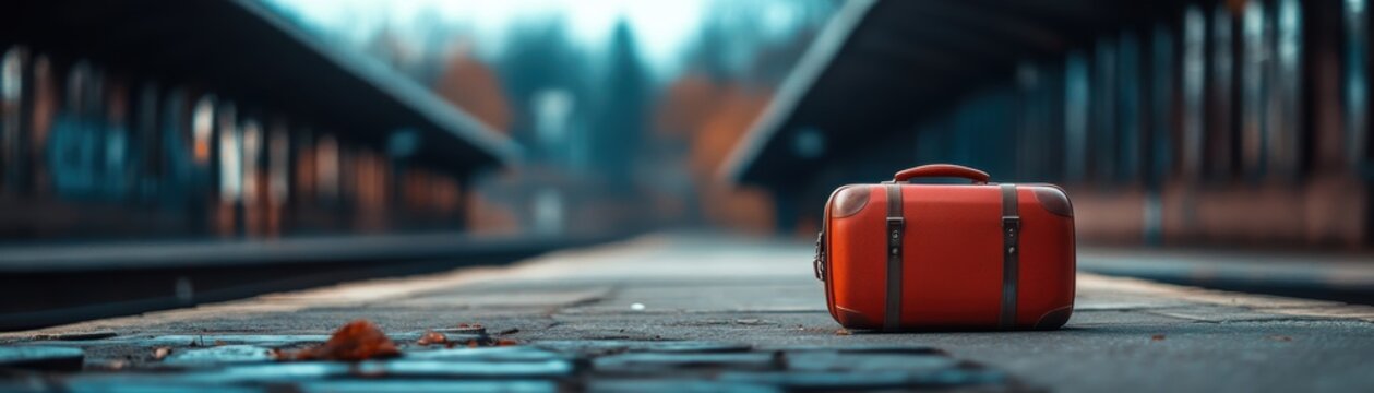 A vibrant orange suitcase rests on a deserted train platform, suggesting adventure and travel in a serene, autumnal setting.