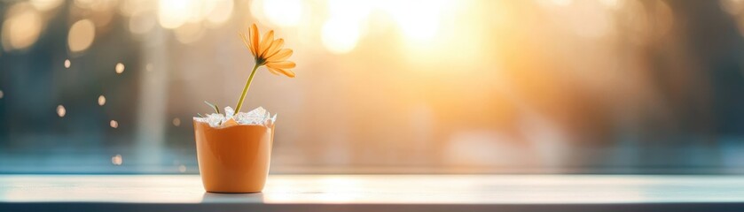 A vibrant flower in a pot, basking in warm sunlight, symbolizing beauty and freshness on a serene windowsill.