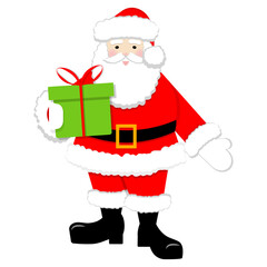 Christmas santa claus in red suit with green gift. Vector illustration.