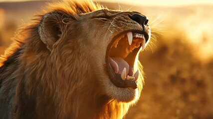 Majestic lion roaring in golden sunlight during a serene African sunset