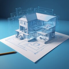 Holographic 3D Smart House on Blue Background