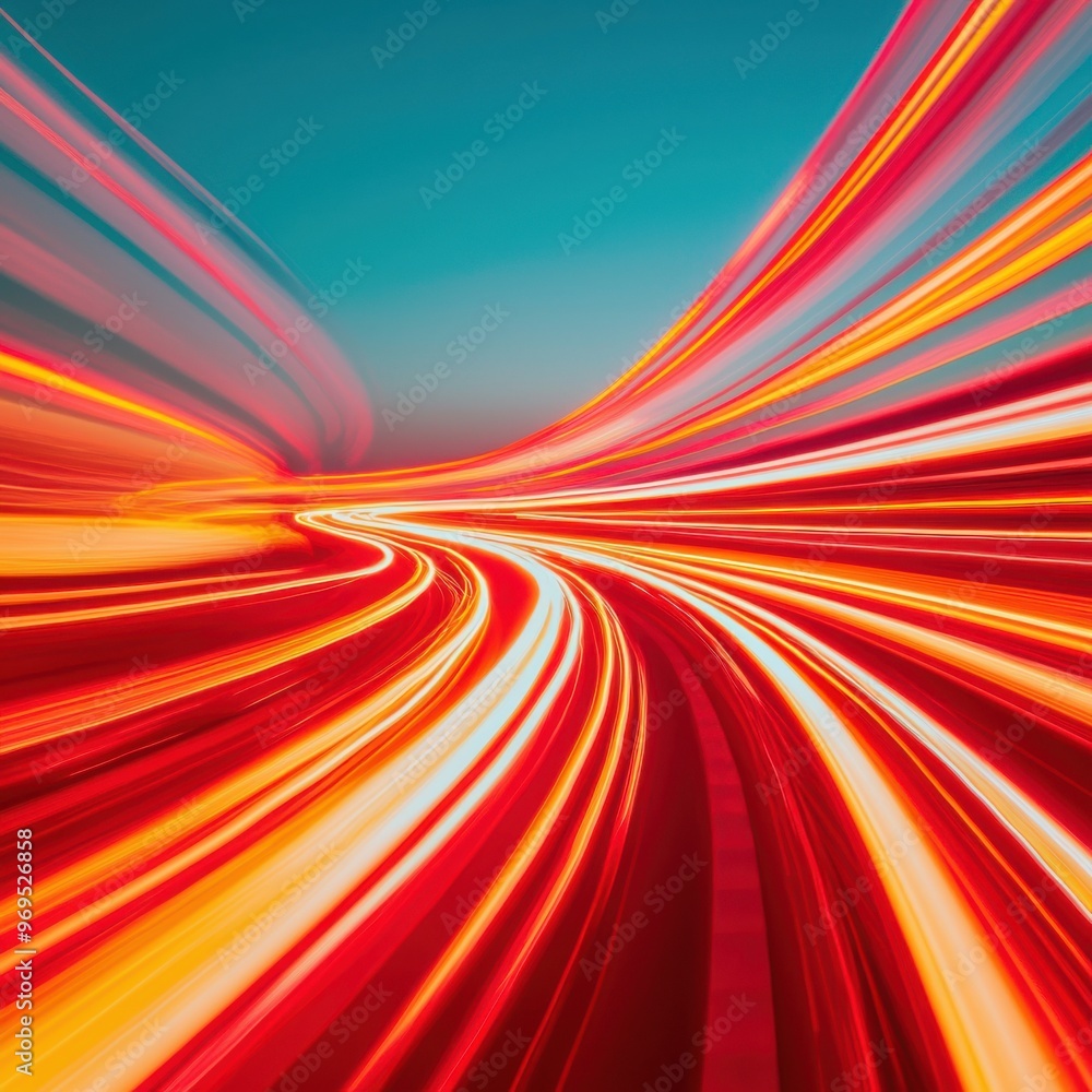 Poster dynamic light trails create a vibrant motion effect on a winding road, showcasing speed and energy i