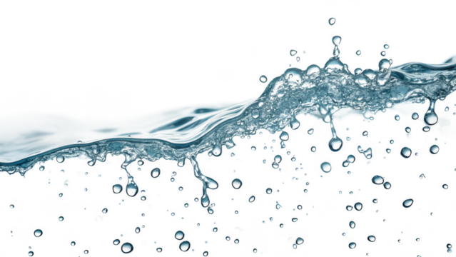 Water in Motion: High-Speed Capture of water Splash and Droplets on Clear Background.