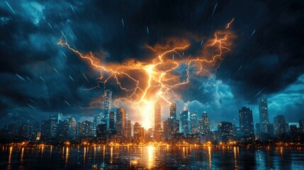 Fototapeta premium A dramatic thunderstorm rolls in, illuminating a distant city skyline with dazzling lightning strikes, creating an electrifying atmosphere that showcases the power of extreme weather.