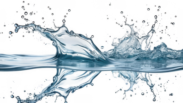 Aqua Artistry: Captured Motion of Water Splash and Droplets on Clear Background.