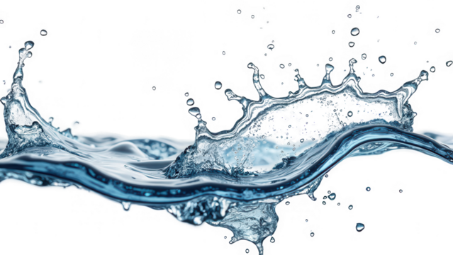 Pure Fluidity: High-Speed Image of Water Splash and Droplets in Motion on Transparent Background.