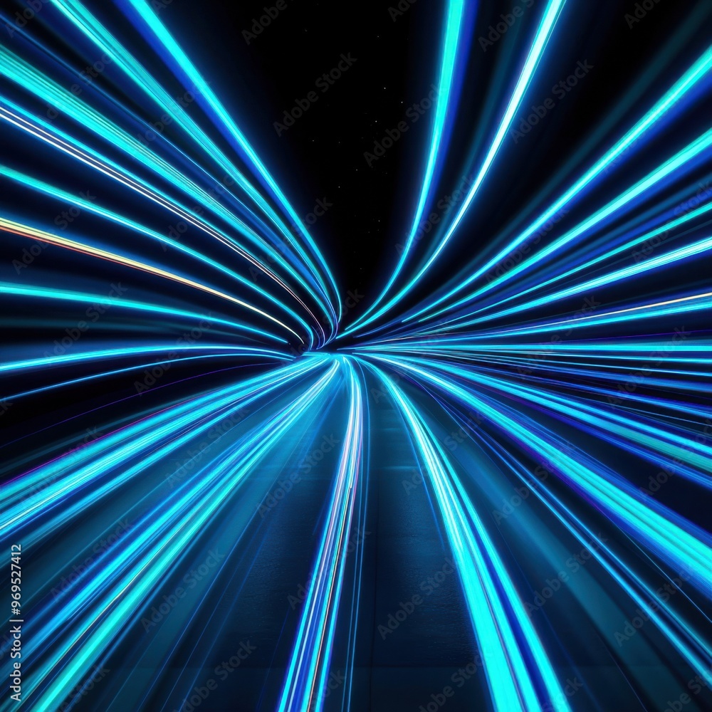 Poster vibrant abstract image featuring dynamic blue light beams creating a sense of speed and motion in a 