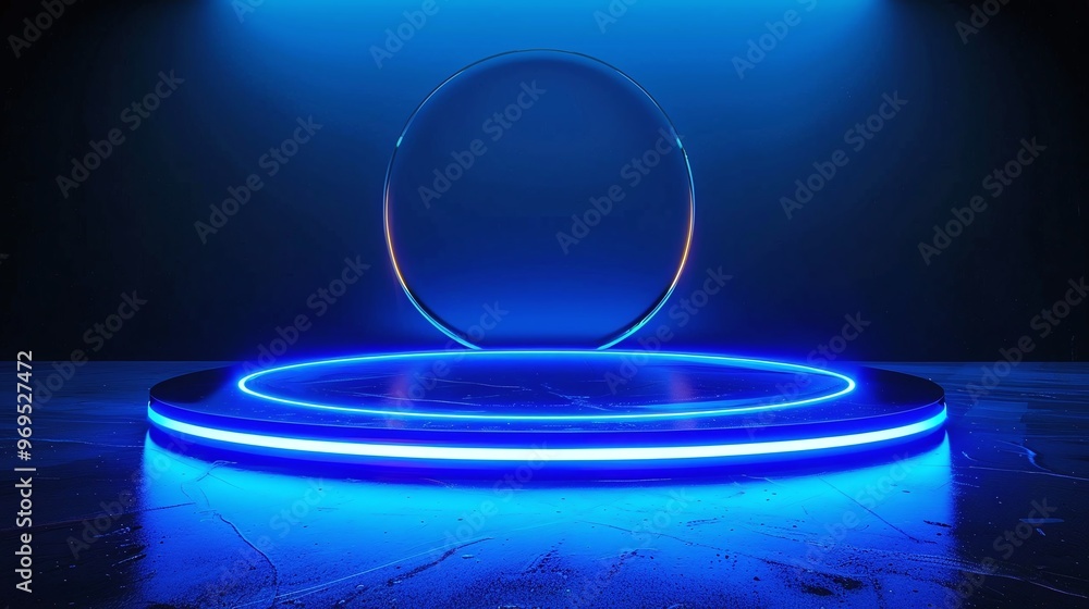 Poster futuristic stage setup featuring a blue neon podium and virtual environment creating a captivating i
