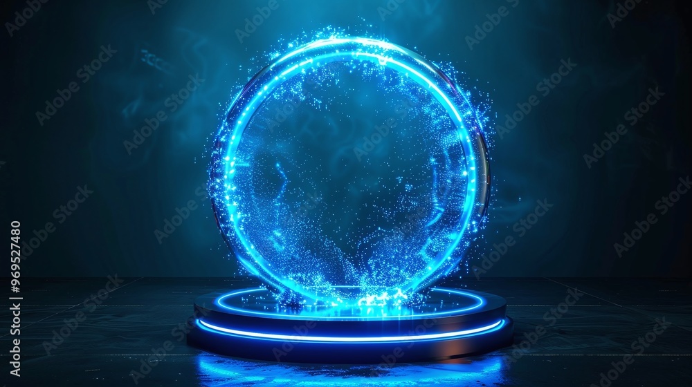 Aufkleber dynamic digital interface showcasing a 3d podium with holographic elements and neon lights set in a 