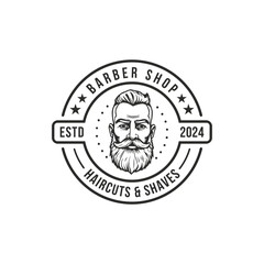Barber shop logo template. Handsome man with beard and mustache. Scissors. Barber shop symbol. line art editable vector.