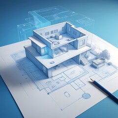 Holographic 3D Smart House on Blue Background