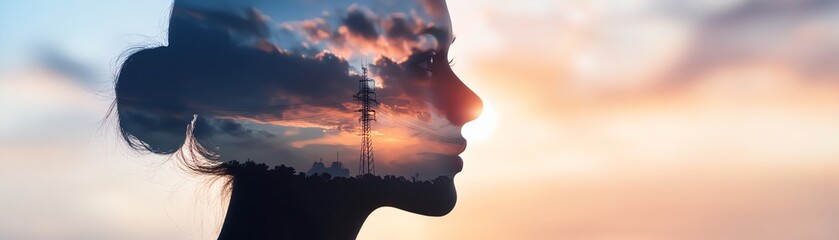 Double exposure of a woman's silhouette merged with a colorful sunset sky, symbolizing creativity, dreams, and inner thoughts.