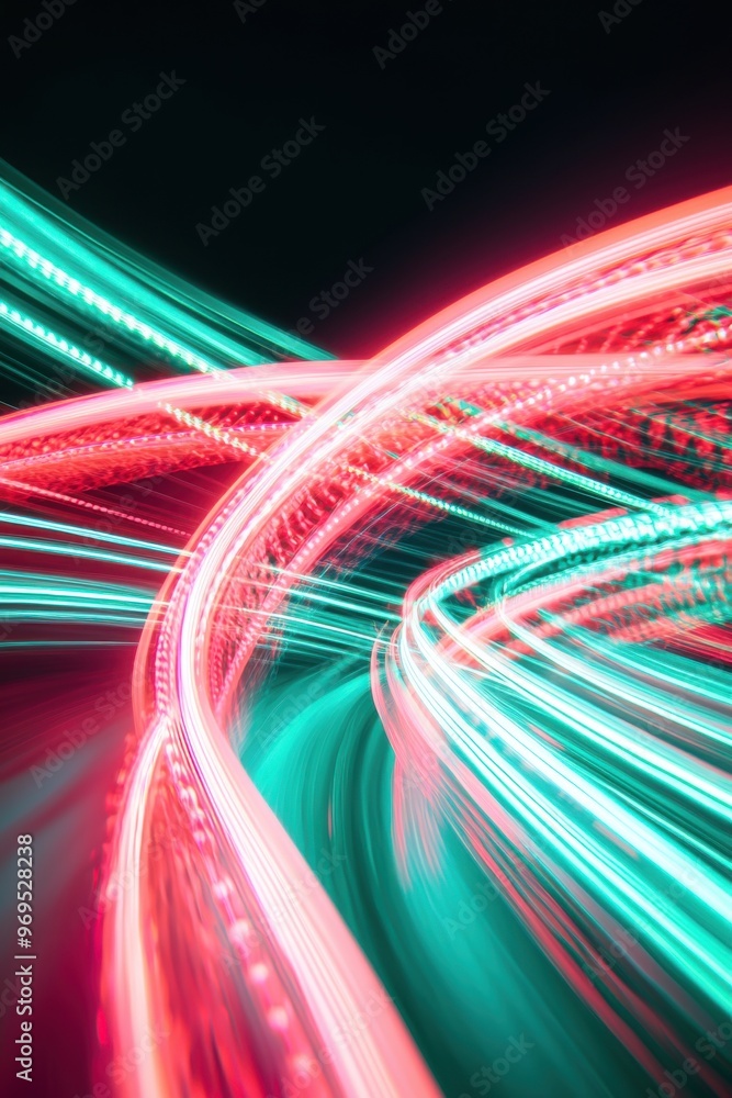 Poster vibrant light trails in red and turquoise create a dynamic, abstract background. perfect for tech an