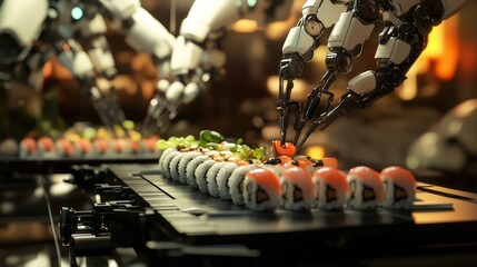 Two advanced robots delicately assemble sushi rolls, showcasing precision and innovation in culinary technology. The kitchen is filled with vibrant colors and modern appliances