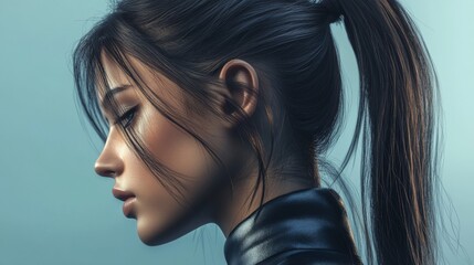 Fototapeta premium Detailed shot of a woman with a stylish, high ponytail, emphasizing the sleek, smooth texture and the contemporary, fashionable design