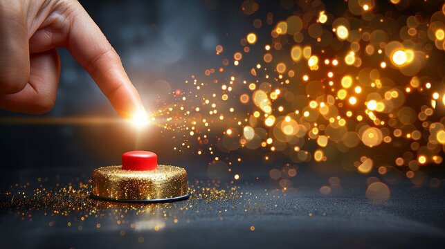 A hand poised over a glowing red button in a dark setting reflects anticipation and potential energy