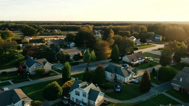 Small American or European town with identical houses, same style. Quiet life in residential area of city. Peaceful urban landscape drone aerial top view from above. Rich people with lawns, trees.