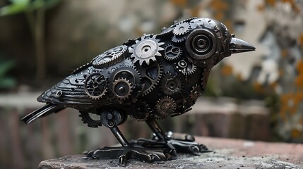 Metal gears and pieces create a working bird statue in a style of gothic
