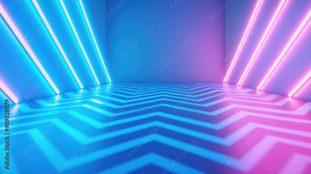 Poster vibrant neon lights create a dynamic atmosphere in this modern, futuristic space with a chevron-patt