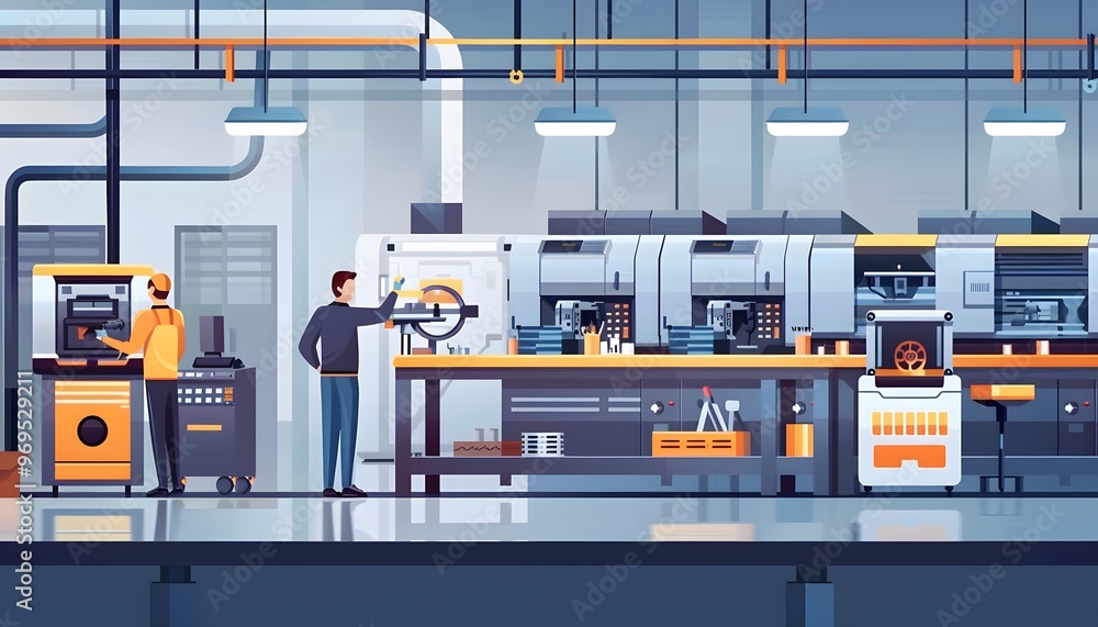 Poster modern workshop featuring advanced machinery and skilled workers creating high-quality products in a