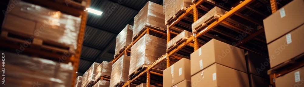Poster numerous stacked cardboard boxes in a modern warehouse showcasing an organized storage solution and 