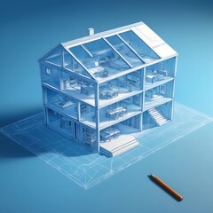 Holographic 3D Smart House on Blue Background