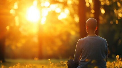 A serene moment captured during sunset, featuring a person meditating in nature, surrounded by soft golden light and tranquility.