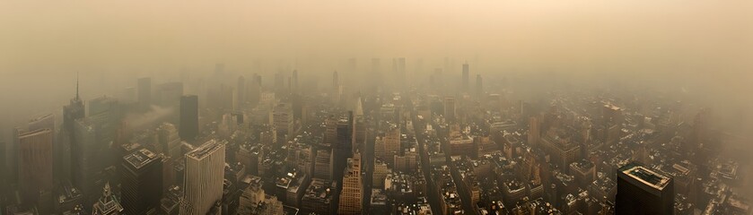 Obraz premium Panoramic view of cityscape shrouded in thick smog, highlighting urban pollution and environmental issues. Tall buildings barely visible.
