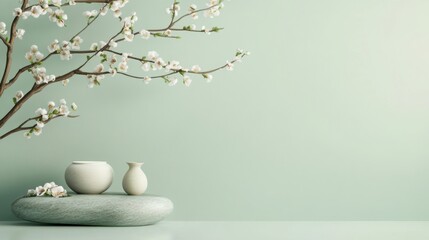 A serene display featuring minimalist pottery and a blossoming branch against a soft green backdrop, perfect for tranquil decor.