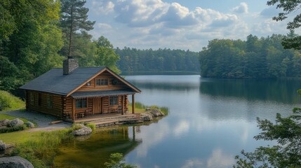 Serene lakeside cabin surrounded by lush greenery and calm waters.