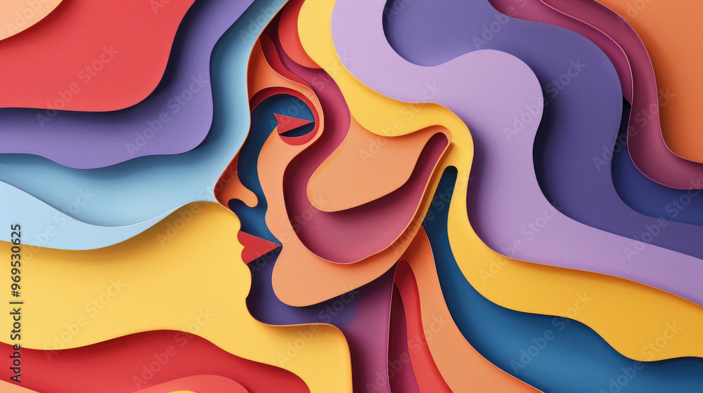 Poster an abstract representation of a woman's profile is creatively formed using colorful paper cutouts, s