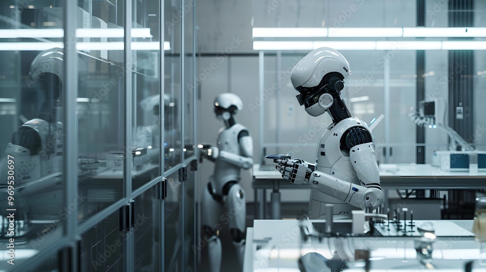 Poster futuristic robots engaged in a high-tech laboratory setting, showcasing advanced automation and inno
