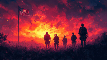 Fototapeta premium Silhouettes of soldiers stand in a field, the American flag waving in the fiery sky.