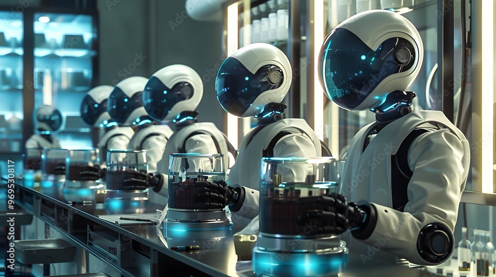 Poster futuristic robots in a laboratory setting, showcasing advanced technology and automation in scientif