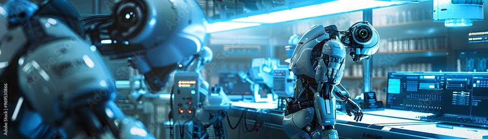 Poster futuristic robots interact in a high-tech laboratory, showcasing advanced technology and a sleek, il