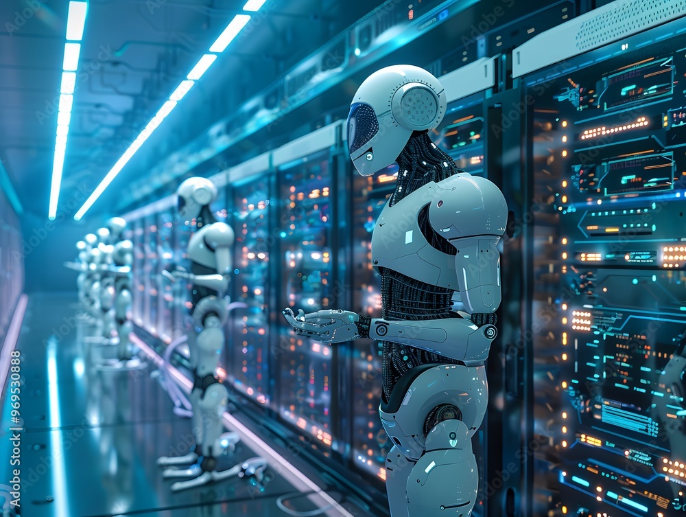 Poster futuristic robots interacting in a high-tech server room, showcasing advanced technology and artific