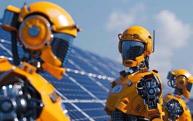 Futuristic robots in orange design monitor solar panels, showcasing the collaboration of technology and renewable energy.