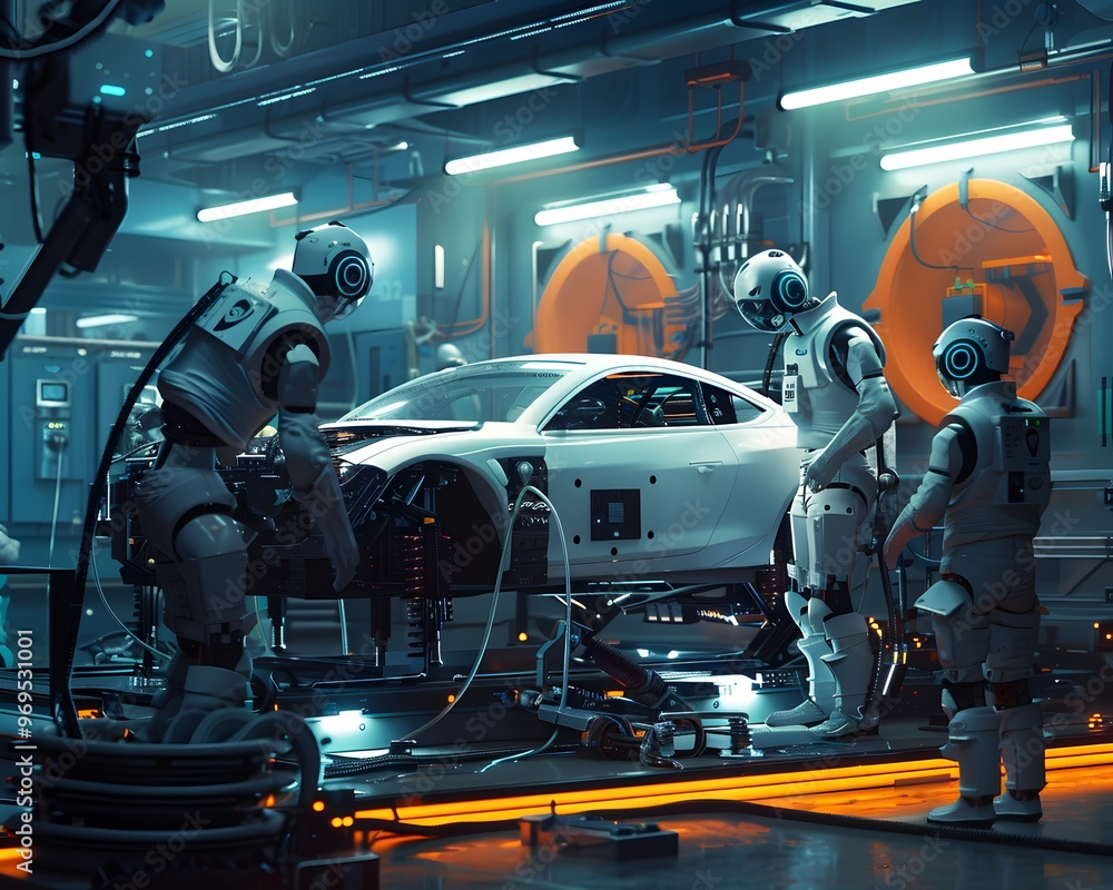 Poster futuristic scene of robots assembling a sleek white car in a high-tech workshop with glowing element