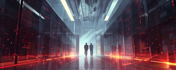 Naklejka premium Futuristic scene of two figures amid high-tech servers, showcasing advanced technology and innovation in a glowing environment.