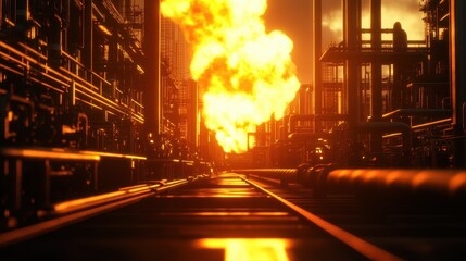 Vibrant industrial scene showcasing a fiery explosion against a backdrop of a complex pipeline system.