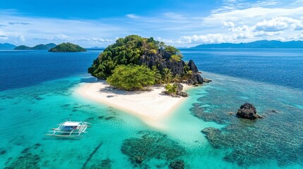 Fototapeta premium A small island in the middle of a turquoise lagoon, surrounded by clear, shallow water and white sandy beaches.