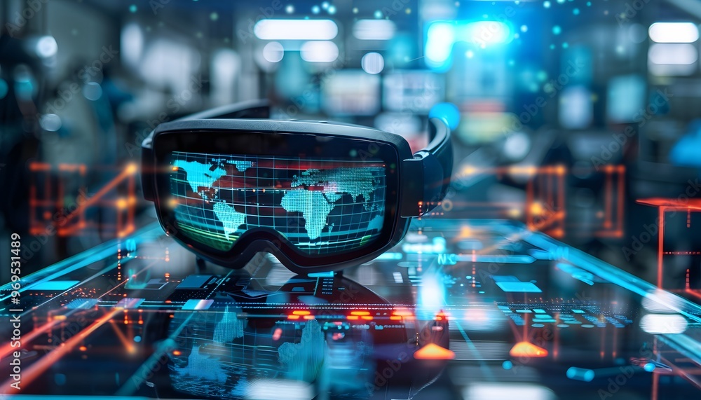 Poster futuristic virtual reality headset displaying a world map, symbolizing technology and innovation in 