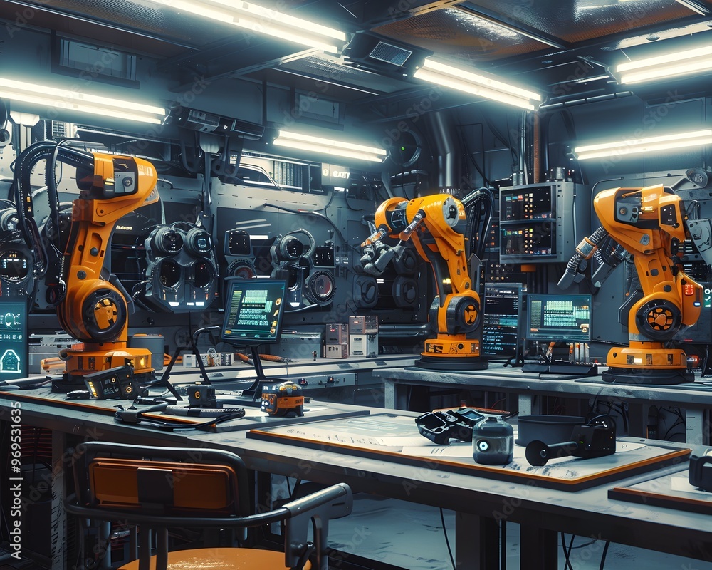 Poster futuristic workspace showcasing robotic arms in action, highlighting innovation in technology and au