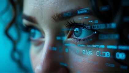 A person's eyes are shown in close-up double exposure with digital binary code, highlighting innovation and technology in the workplace.
